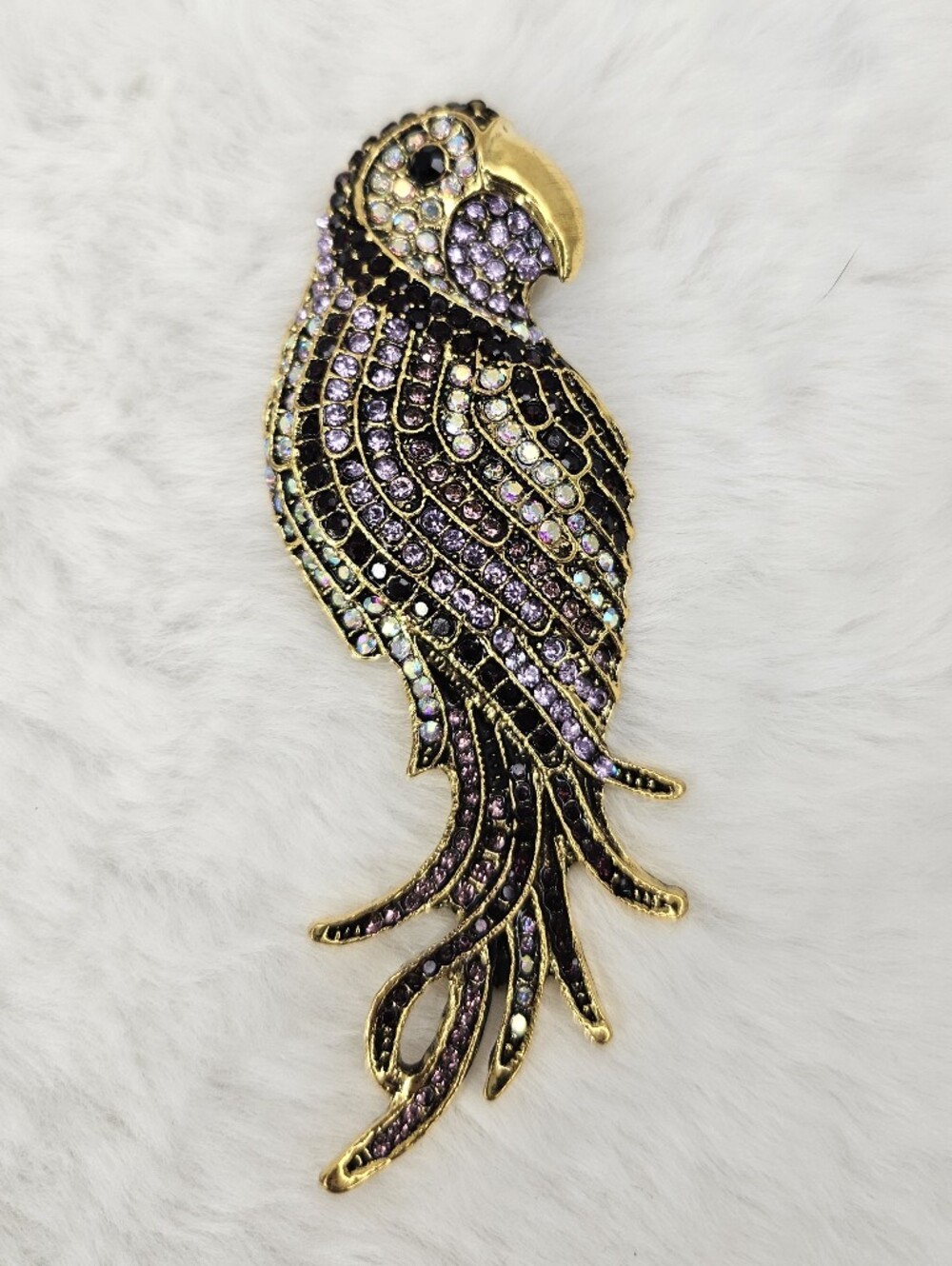 Purple Crystal Parrot Brooch with Gold Accents